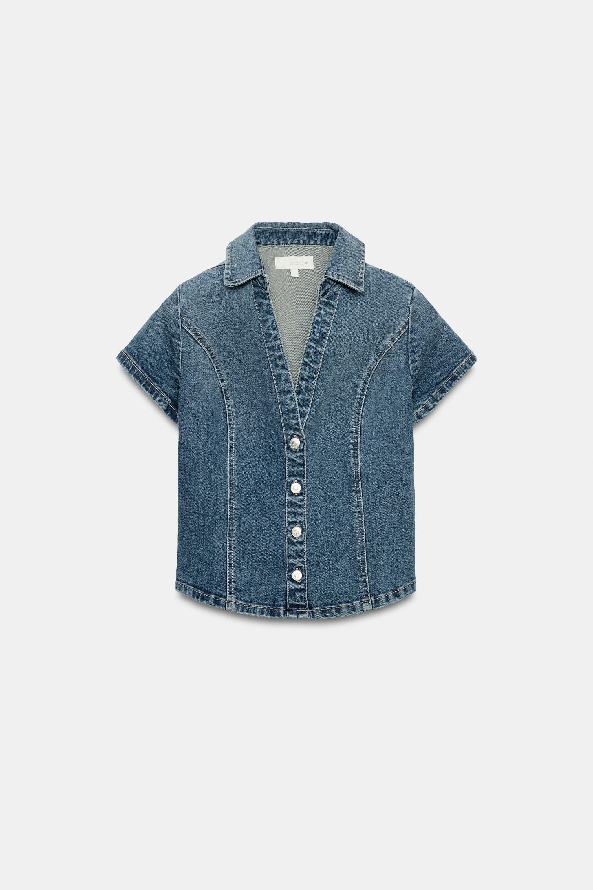 Zara TRF DAR KESİM DENIM GÖMLEK görsel 6