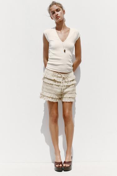 Zara RIB V-NECK T-SHIRT - Ecru