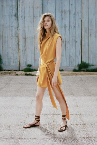 SHORT DRESS WITH TIE DETAIL AND SHOULDER PADS - Mustard by Zara - Image 0