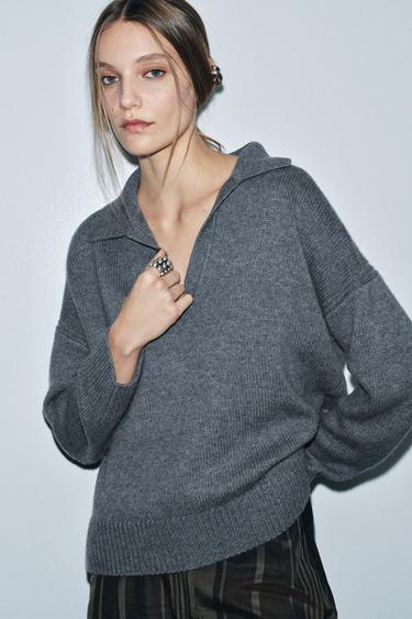 СВИТЕР ПОЛО ИЗ ШЕРСТИ И КАШЕМИРА — СЕРО-СИНИЙ от Zara
