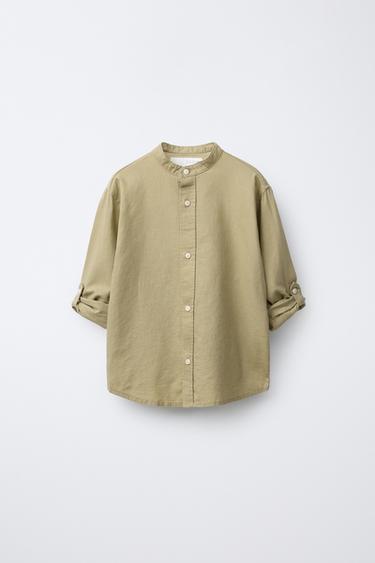 LINEN BLEND STAND-UP COLLAR SHIRT - Khaki by Zara - Image 1
