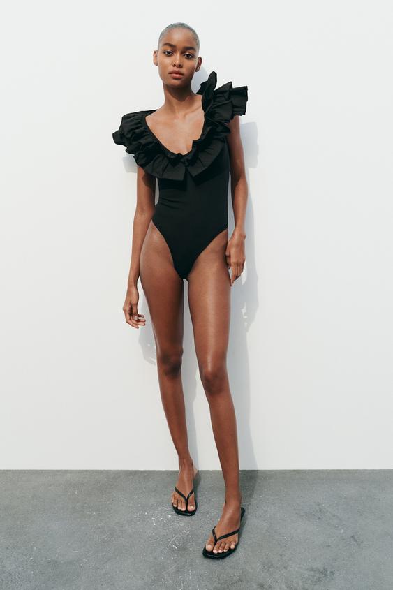Zara, Tops, Zara Trafaluc Mesh Embroidered Bodysuit Size Small Black
