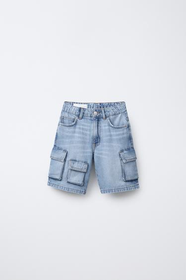 LOOSE-FITTING DENIM CARGO BERMUDA SHORTS - Blue / Green by Zara
