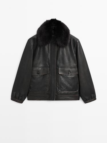 Chaqueta detalle cuello pelo piel napa - Negro de Zara