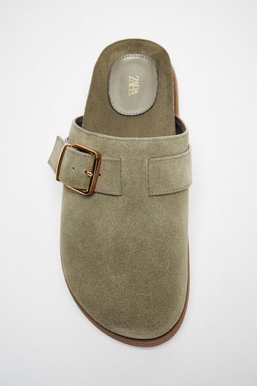 SUEDE CLOGS WITH METAL BUCKLE - Khaki Green by Zara