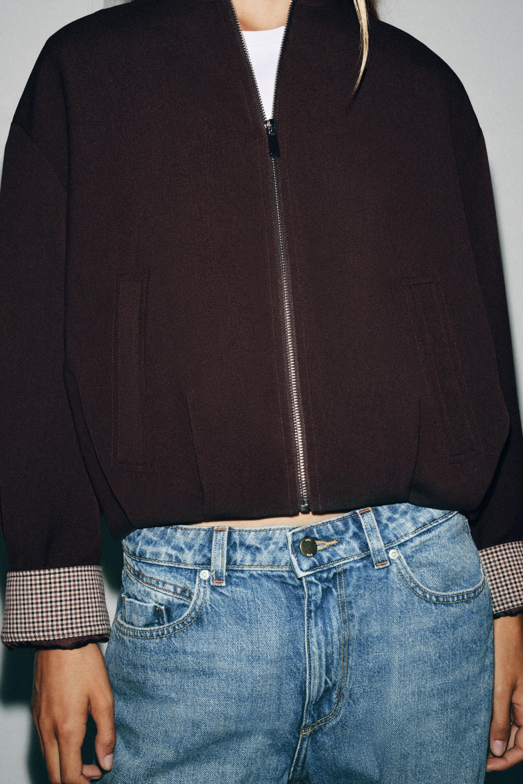 GATHERED HEM BOMBER JACKET — Brown