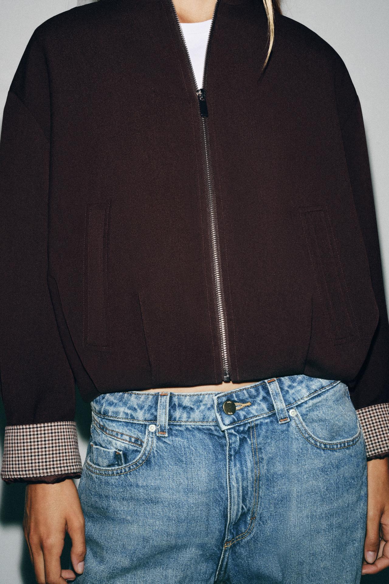 GATHERED HEM BOMBER JACKET — Brown