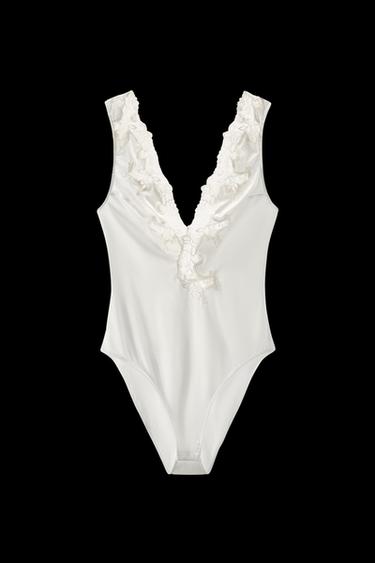BODY SATINADO BORDADOS ENCAJE - Blanco roto de Zara