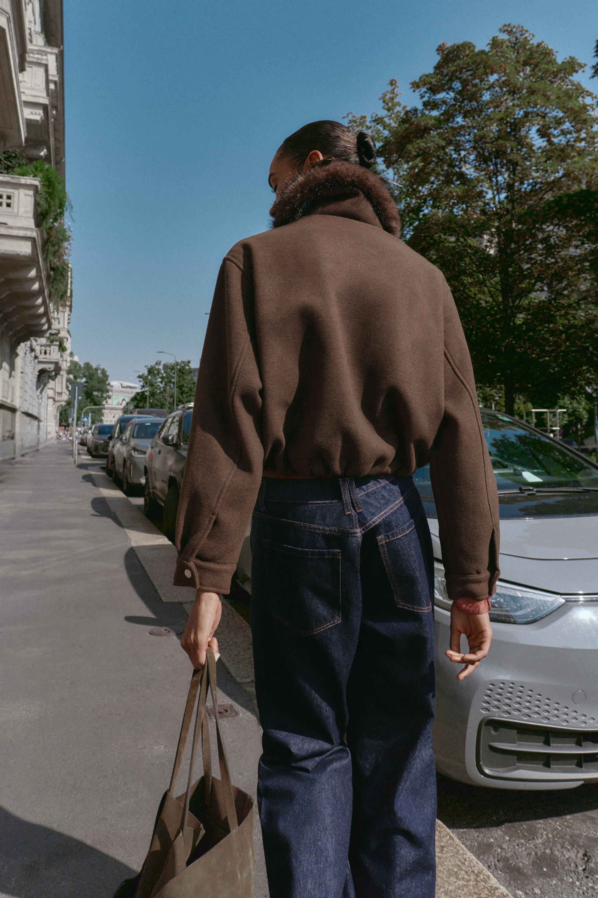 ソフトフェイクファーネックボンバージャケット - ライトブラウン