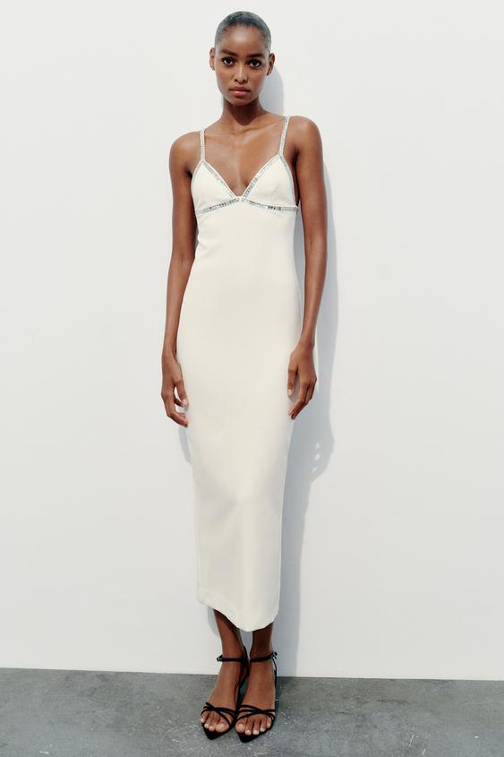 RHINESTONE MIDI DRESS - White | ZARA Singapore