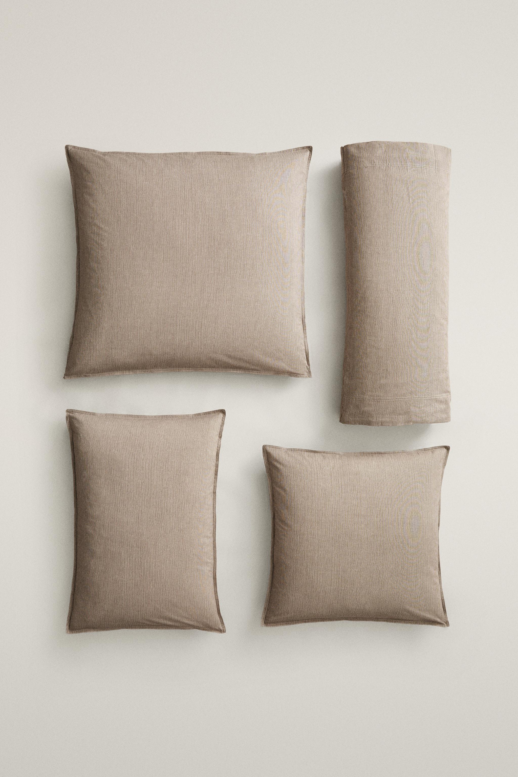 FADED STRIPED COTTON PILLOWCASE — Brown