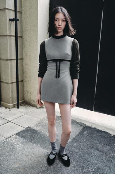 Zara 緞面蝴蝶結短洋裝 - 淺灰色