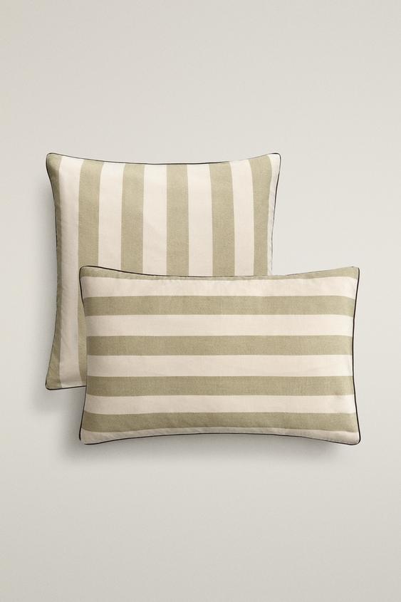 FADED STRIPED COTTON PILLOWCASE - Mid-green by Zara - Image 0