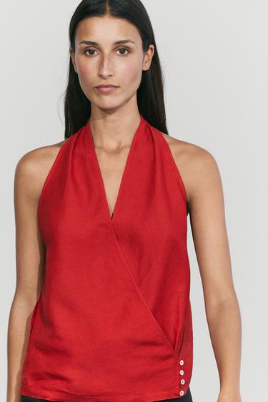 100% linen wrap top with button detail — Red 2