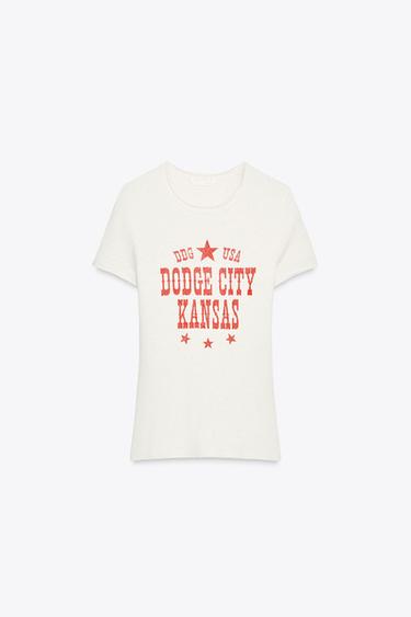 RIBBED T-SHIRT WITH TEXT - Dark beige by Zara