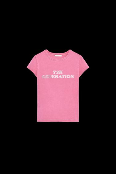 Zara WASHED EFFECT RHINESTONE T-SHIRT - Pink - Image 0