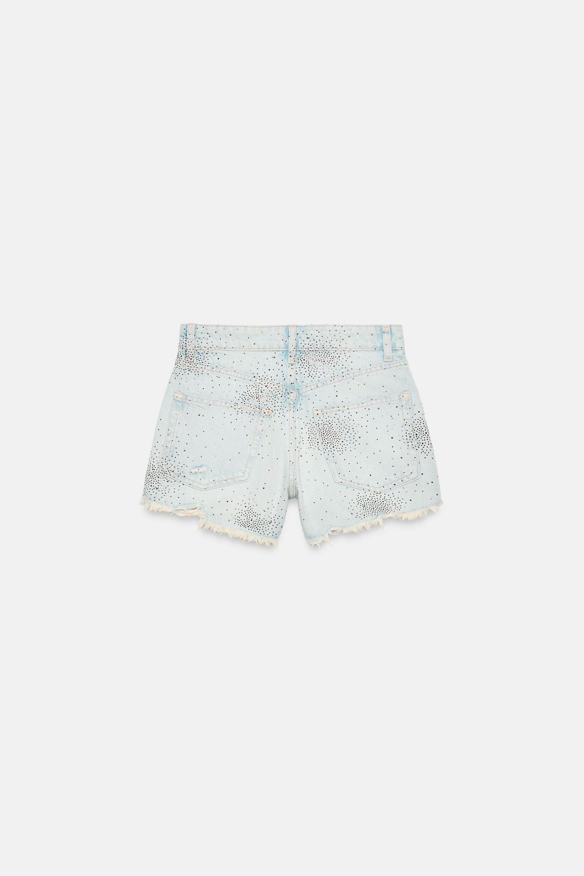 RIPPED HIGH-RISE RHINESTONE DENIM SHORTS