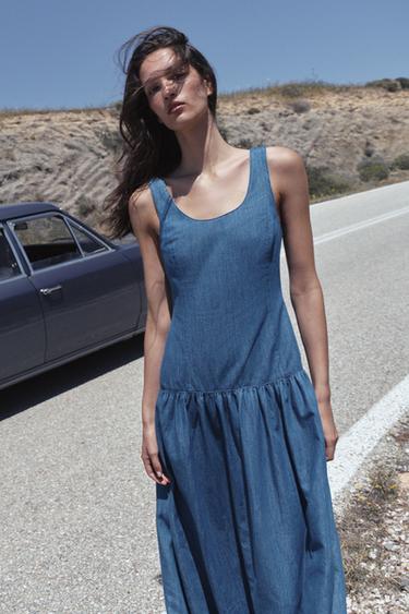 فستان ميدي بتنورة كاب - أزرق الخاص بـ Zara