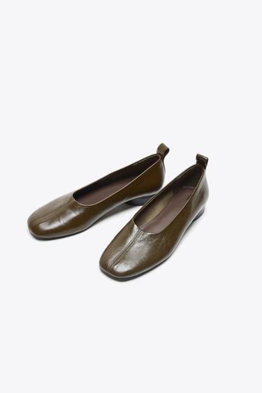LOW-HEEL LEATHER BALLERINAS - Khaki Green by Zara - Image 1