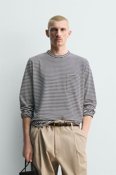 JACQUARD STRIPED T-SHIRT - Ecru / Navy by Zara