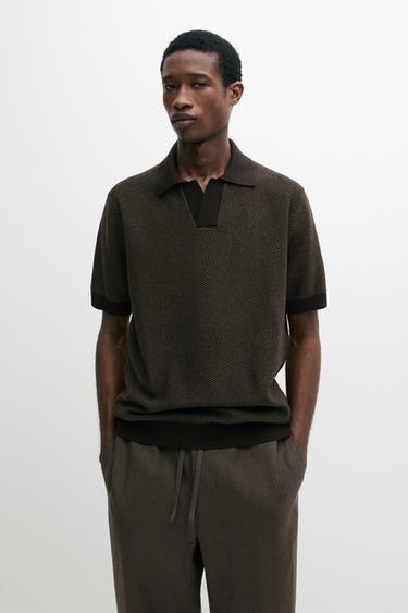 Zara 100% cotton textured knit polo sweater - Brown marl