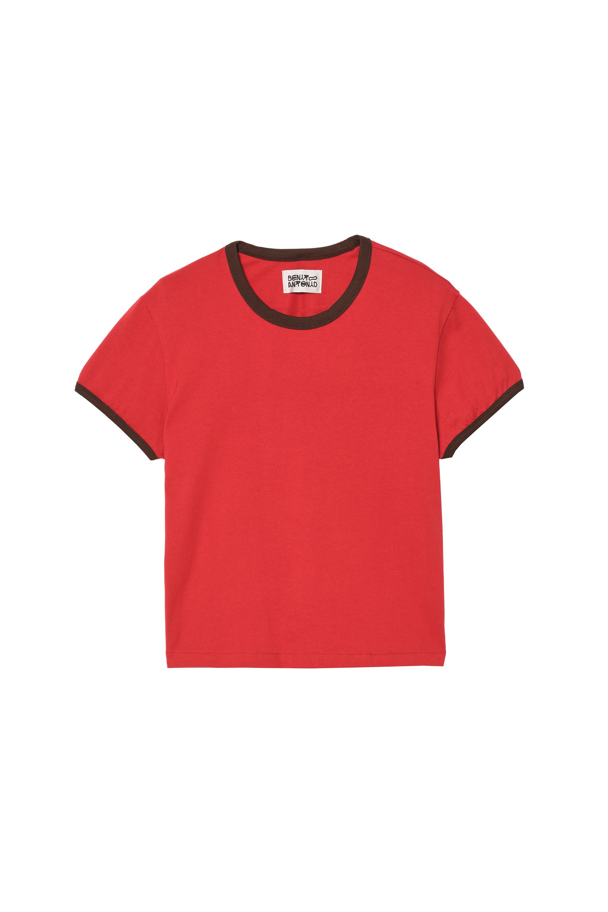CONTRAST RIB SLIM CROPPED FIT T-SHIRT — Red