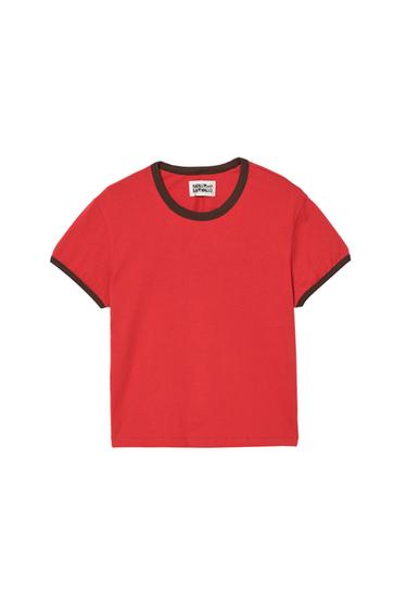 Zara 修身羅紋對比 T 恤 - 紅色