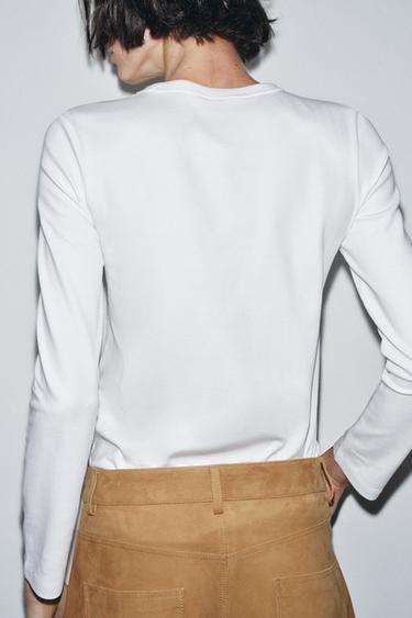 T-SHIRT À MANCHES LONGUES INTERLOCK - Blanc de Zara - Image 2