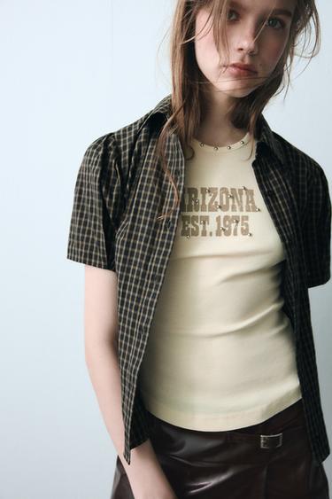 Zara TEXT STUD T-SHIRT - Beige
