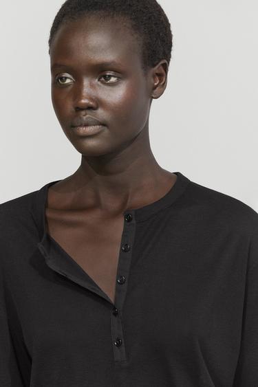 Buttoned henley T-shirt — Black 1