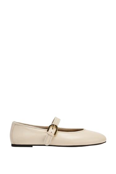 Zara SOFT LEATHER BALLET FLATS - White