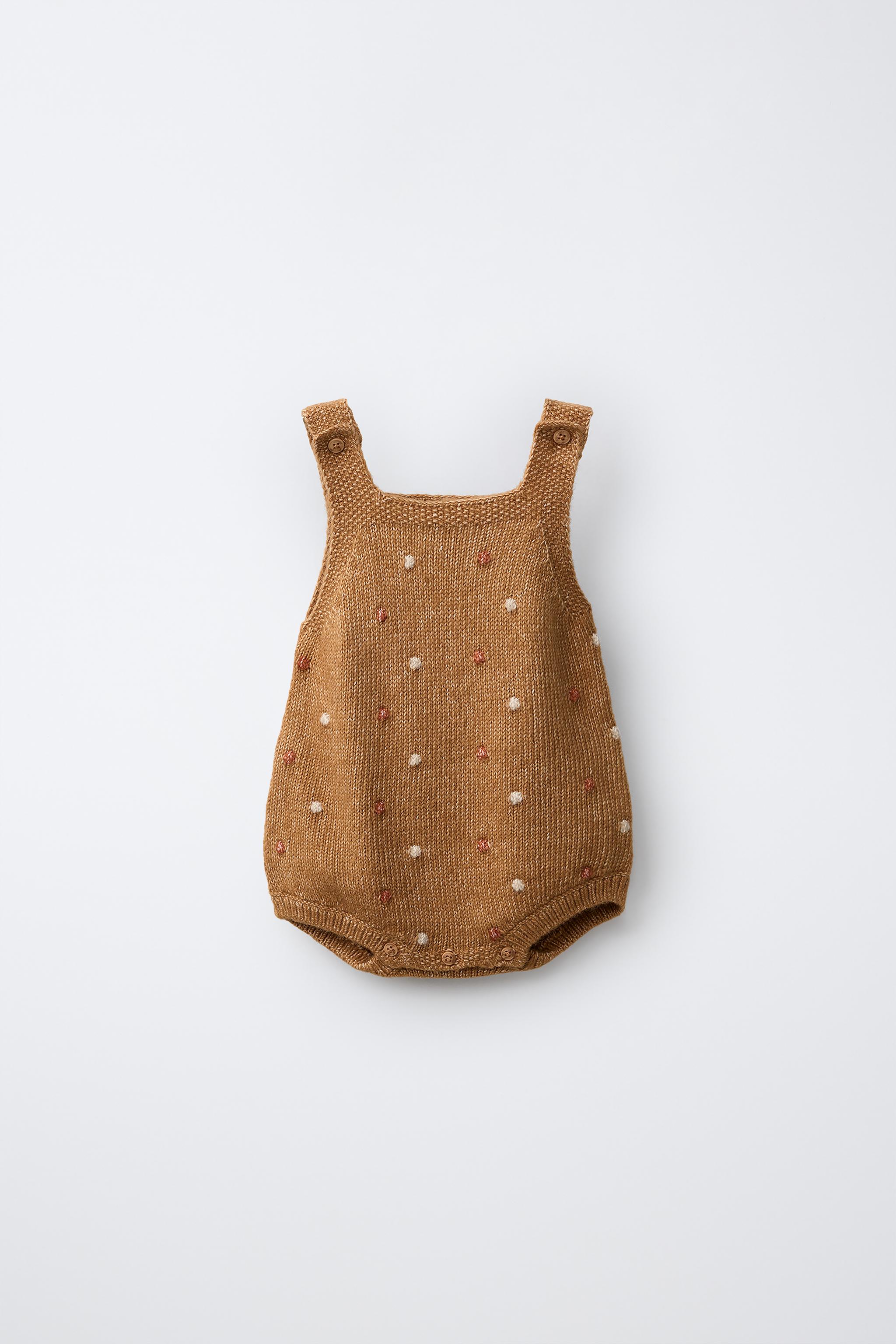 EMBROIDERED DOT KNIT ROMPER — Toffee