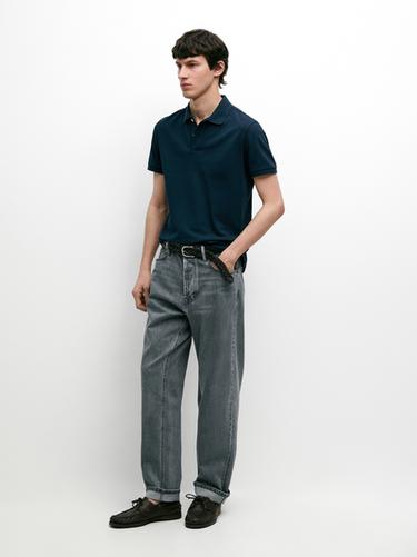 Zara Micro-textured cotton piqué polo shirt - Indigo - Image 0