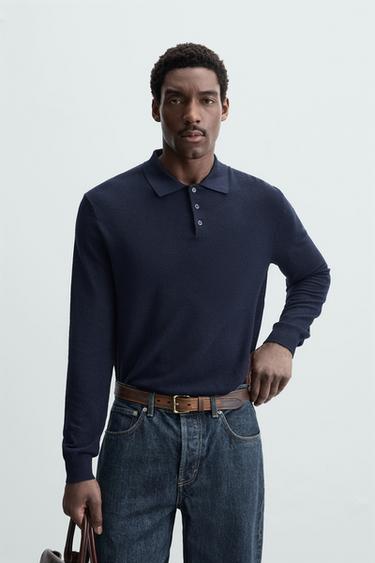 Zara SILK COTTON KNIT POLO - Blue