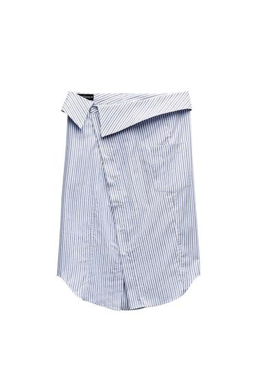 Front view of a blue and white striped t-shirt with a front pocket.