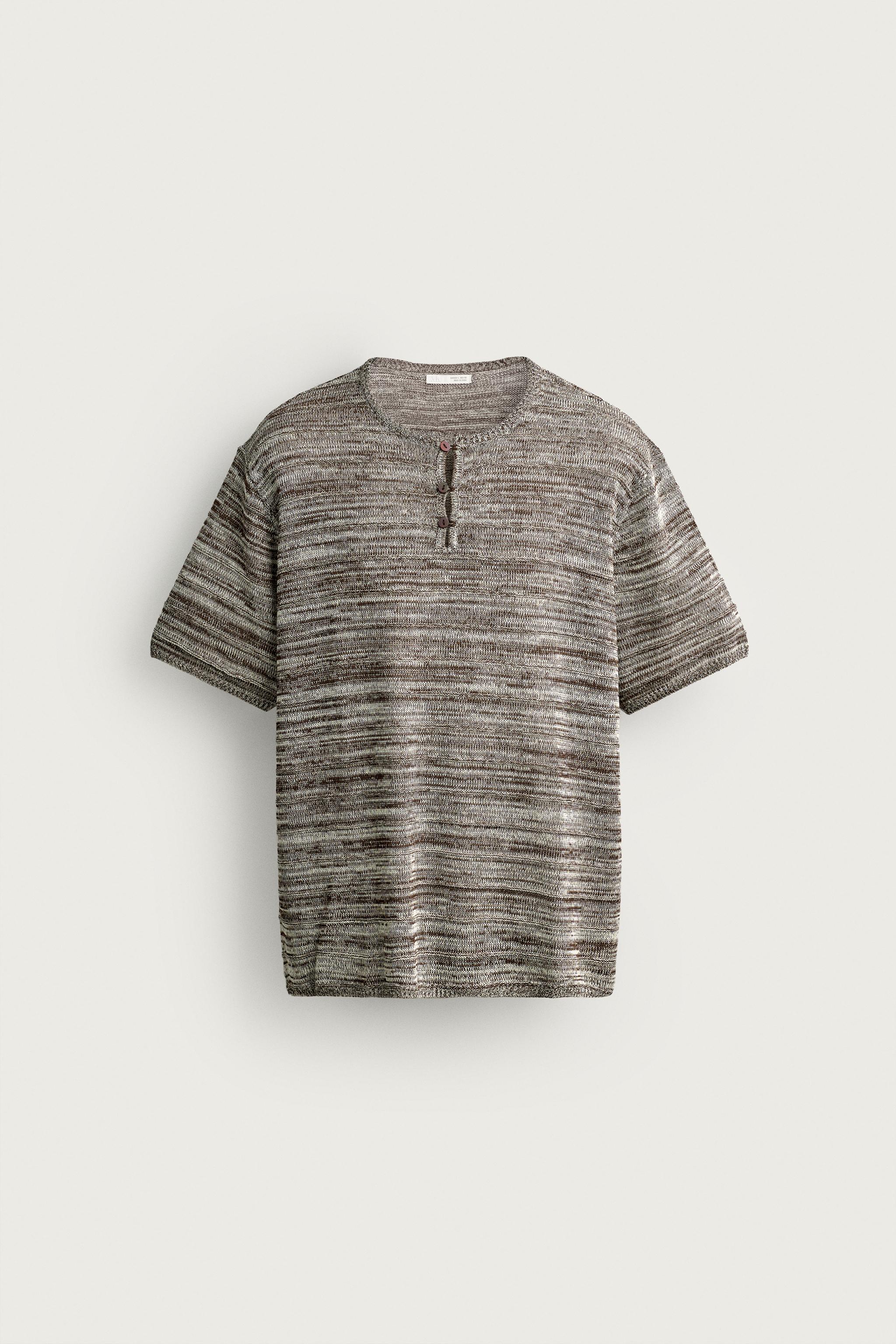 KNIT HENLEY SHIRT — Brown / Ecru