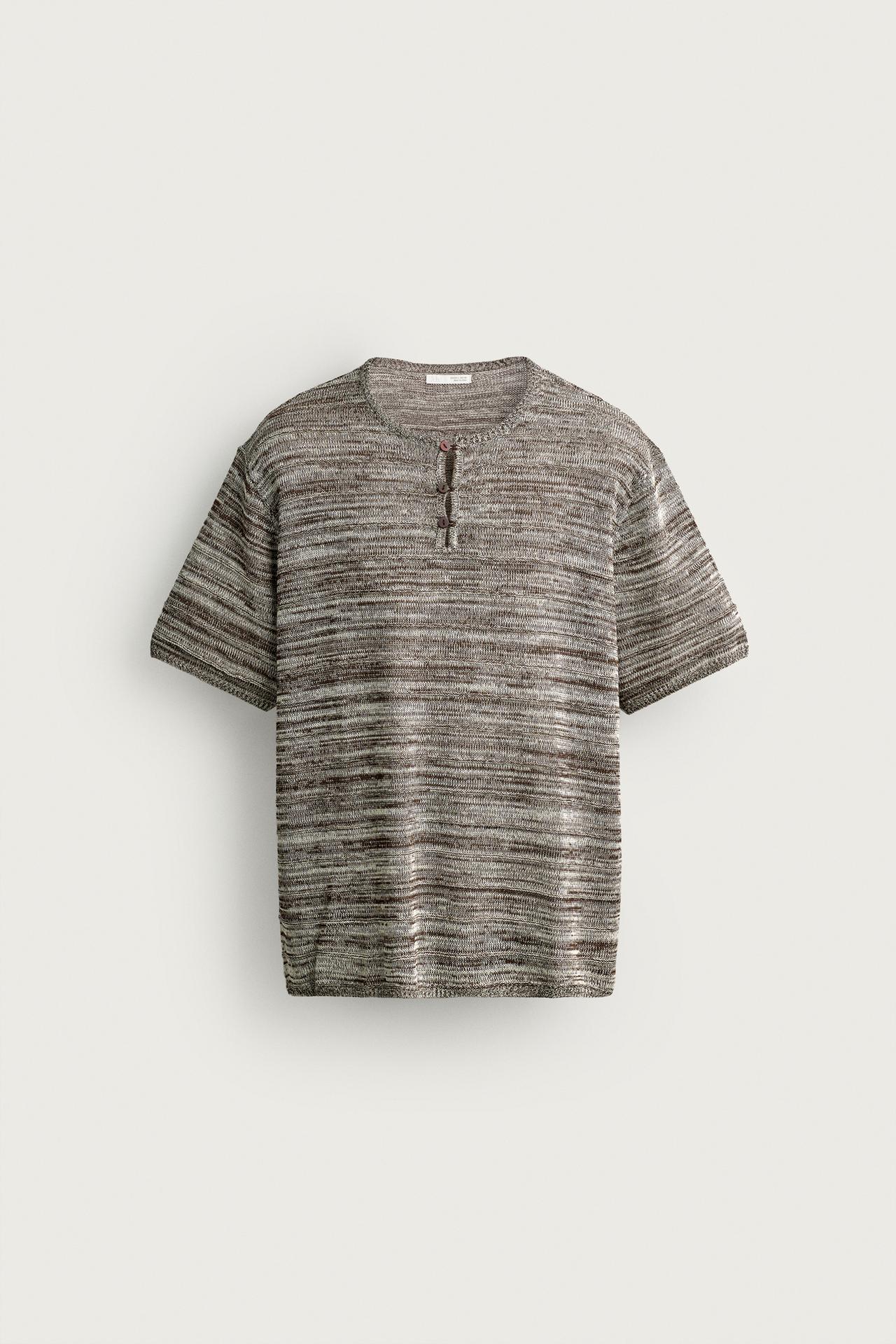 KNIT HENLEY SHIRT — Brown / Ecru