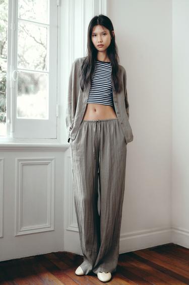 ZW COLLECTION 100%亞麻寬管長褲 - 淺灰色 by Zara