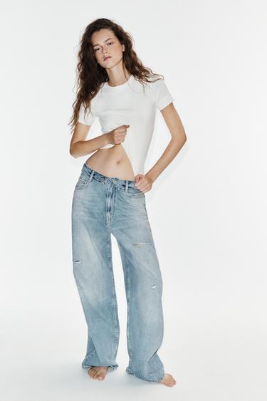 TRF RIPPED FOLDED WAIST MID-WAIST JEANS - Light blue by Zara
