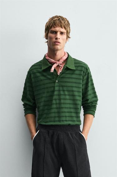 STRIPED JACQUARD TOWELLING POLO SHIRT - Green by Zara
