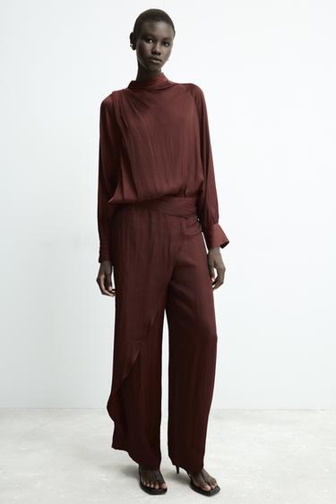 Zara DRAPED COLLAR SATIN EFFECT BLOUSE - Burgundy