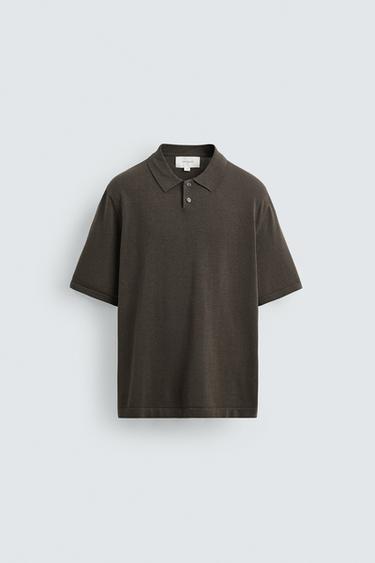 COTTON-BLEND KNIT POLO SHIRT - Black / Brown by Zara - Image 6