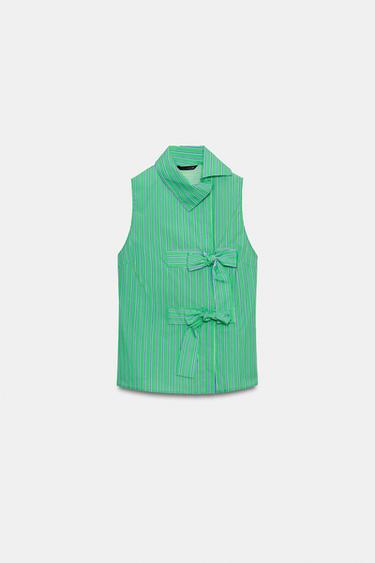 STRIPED SLEEVELESS SHIRT WITH BOWS - Green / Blue by Zara - Image 6