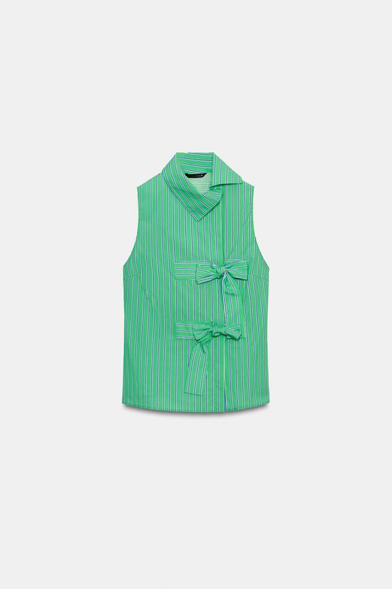 CHEMISE À RAYURES AVEC LACETS ET SANS MANCHES - Vert / Bleu de Zara - Image 6