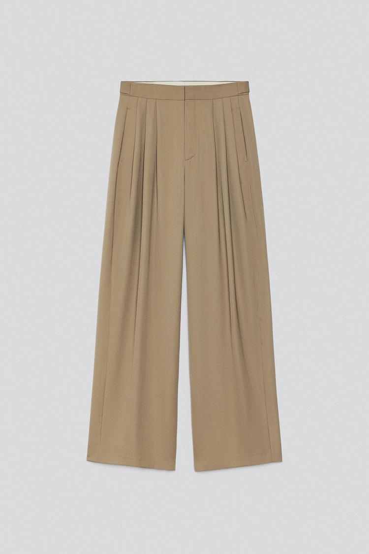 RELAXED FIT PLEATED SUIT PANTS — Khaki