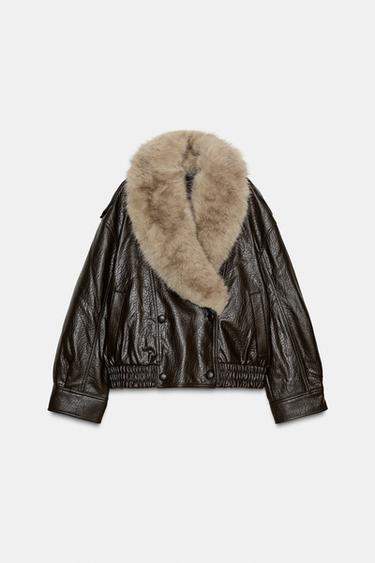 BLOUSON EN MATIÈRE SYNTHÉTIQUE AVEC COL AMOVIBLE - Marron foncé de Zara - Image 8