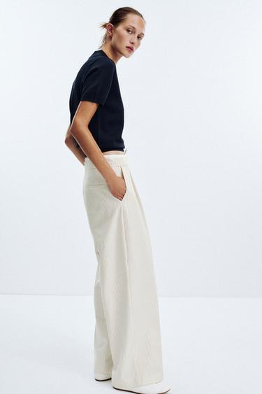 Zara DOUBLE WAIST WIDE LEG PANTS - striped