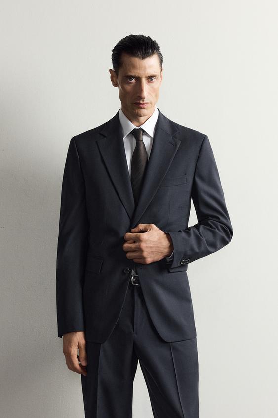 VESTE DE COSTUME À CARREAUX 100 % LAINE - Bleu marine foncé de Zara - Image 1