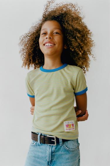 STRIPED T-SHIRT WITH CONTRAST NECK - Green by Zara