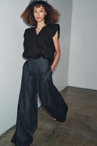 Zara ZW COLLECTION BALLOON POPLIN TOP - Black